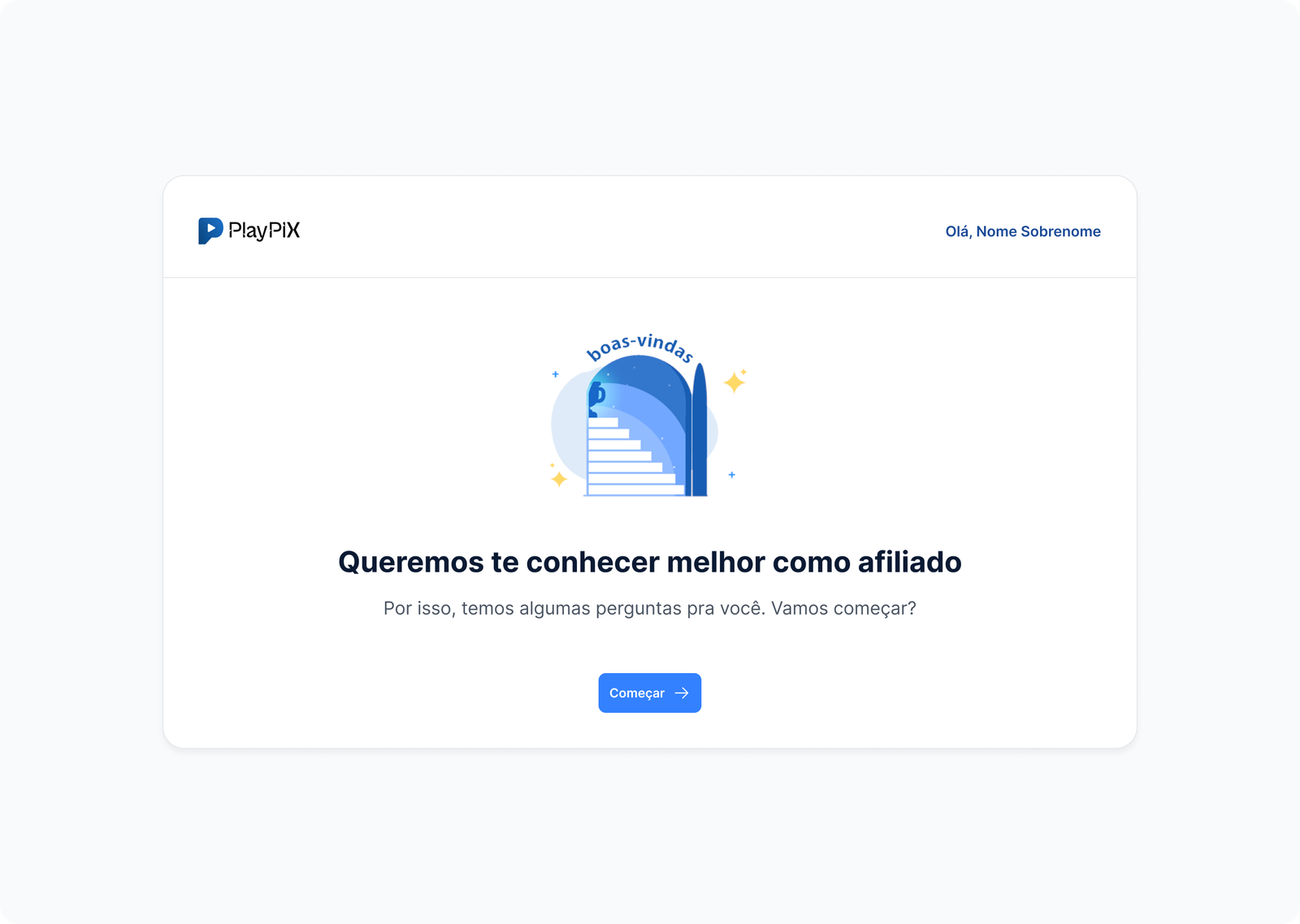 Tela inicial das perguntas de perfil da PlayPiX
